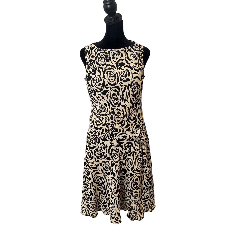 Vintage y2k Whimsigoth Rose Print Sleeveless‎ Dress Size 6P Black Flowy Lined